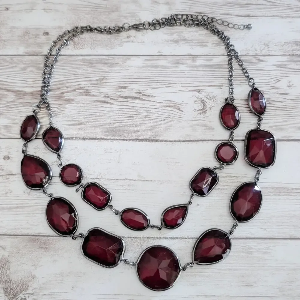 Vintage Necklace Dark Red and Dark Silver Tone / Grey Statement Necklace